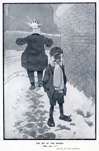 Winter Prints: Mischievous schoolboy pleased with his direct hit. Date: 1904