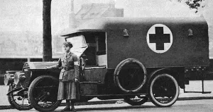 Vehicles Prints: Miss Donnett Paynter with ambulance, WW1