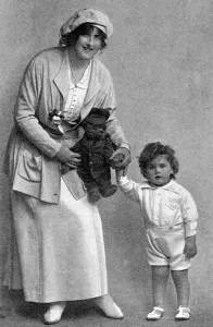 Ward Prints: Miss Dorothy Ward & son with teddy in khaki