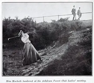 Golf Prints: Miss Macbeth playing a shot out of a bunker at the Ashdown Forest Club Ladies Meeting