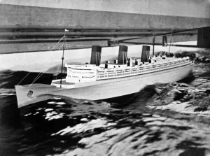 May Prints: Model of the R. M. S. Queen Mary in a test tank, 1934