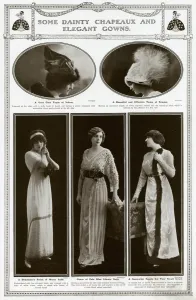 Feathered Prints: Models wearing elegant gowns 1912