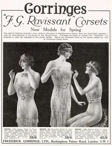 Twenties Prints: Three models wearing spring dainty lace corsets. Date: 1922