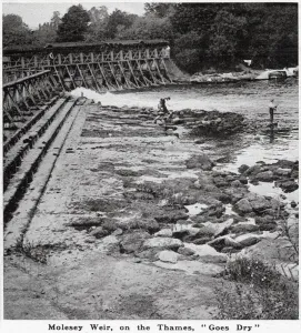Summer Prints: Molesey Weir, usually noted for its rush of water, shown completely dry during a period