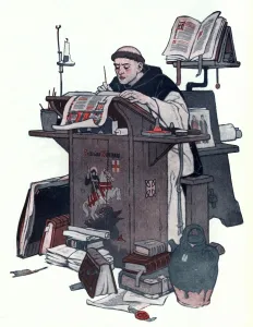 Religion Prints: Monk working on an illuminated manuscript