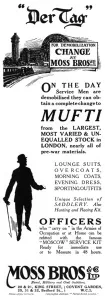Mens Prints: Moss Bros advertisement, end of WW1, demobilisation