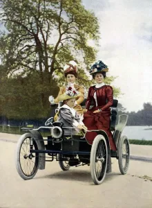 16th Prints: Motoring in the Bois in style in 1900: Vis-a Vis style