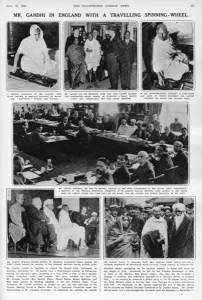 Jun17 Prints: Mr Gandhi in England with a travelling spinning-wheel, 1931