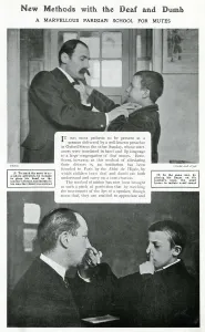 Prints of Interesting photographs of the method used in the early 1900s to help children learn to communicate. Date: 1906 February Prints: New methods with the deaf and dumb 1906