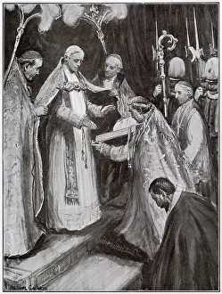 Ceremony Prints: New Pope, Pius X is seen enthroned immediately after the election