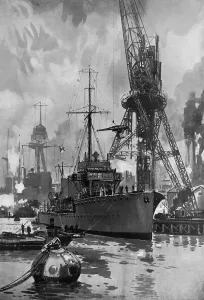 Feb16 Prints: A New Tooth - hoisting new gun into a destroyer, WWI