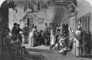 Prints of Breaking the New Years cake on New Years Eve, Ireland Date: 1850 June Prints: NEW YEAR CAKE, IRELAND2
