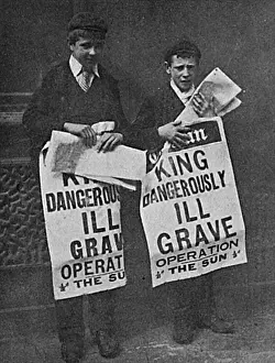 Boys Prints: Newspaper boys holding posters announcing King Edward VII s