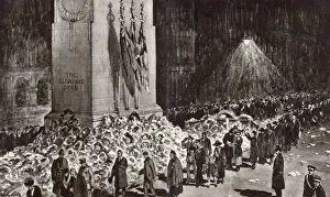 1920 Prints: A night scene at the Cenotaph in the days following 11th November 1920