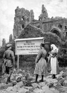 Ruined Prints: Notice by ruined church, Ypres, Belgium, WW1