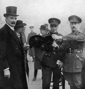Meetings Prints: Officers with hat of a conscientious objector, WW1