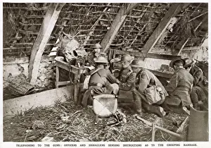 Communications Prints: Officers and signallers have stationed themselves in a loft or attic in the upper storey of a damaged building