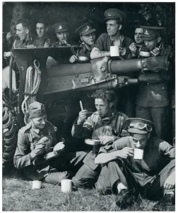Eating Prints: Outbreak of WWII men of Royal Artillery eating 1939