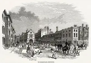 Square Prints: Outdoor market selling fruit and vegetables in Shrewsbury. Date: 1845