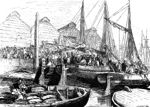 Engraving Prints: Oyster Boats at Billingsgate Market, London, 1877