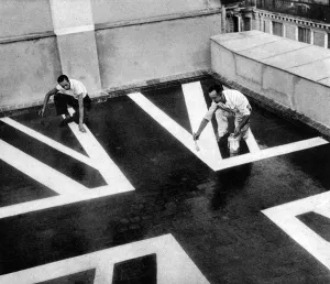 Flag Prints: Painting the Embassy roof with a Union Flag, Madrid; Spanish