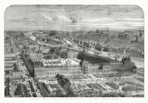 1855 Prints: Panoramic view of Paris with Louvre, 1855
