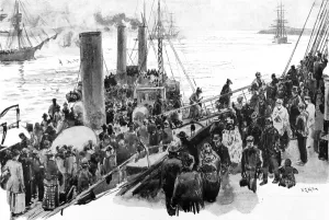 Steamer Prints: Passengers boarding an Emigrant Ship at Queenstown, Ireland