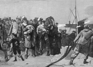 Helping Prints: Passengers disembarking after a rough passage, 1883