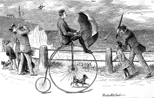 Cyclist Prints: Penny Farthing Bicycle under full sail, 1890