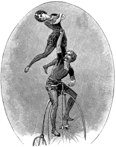 1888 Prints: Penny Farthing Trick Cyclists at the Circus, c. 1888
