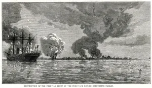 1881 Prints: Peruvian army destroying its own Fleet