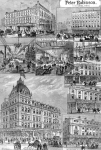 Prints of Engraving showing a number of exteriors and interiors of the Peter Robinson department stores in Oxford Street and Regent Street, London, 1891 November Prints: Peter Robinson Stores, London, 1891