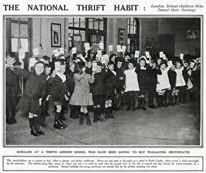 Money Prints: Photograph of children in a North London school holding up their National war-savings certificates