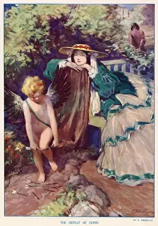 Scene Prints: This picture shows a scene of a frustrated cupid after a woman has seemingly rejected the advances of a man