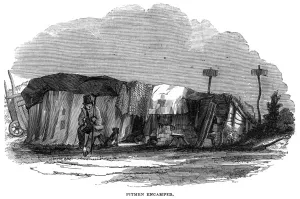 1844 Prints: Pitmen encamped - evicted coal miner and his dwelling