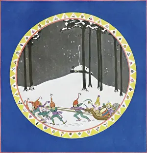 1923 Prints: A plate design showing elves pulling a sleigh filled with toys through a wood