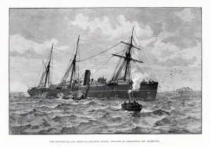 Disaster Prints: P&O Steamship Nepaul - The Nepaul shown aground on the Shagstone, although she went