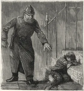 Steps Prints: Policeman discovering sleeping waif on a doorstep