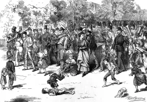 1870 Prints: Poor children in front of the The Guards Band in St. James