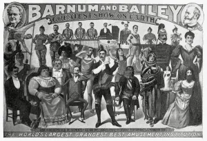 Human Prints: Poster advertising Barnum and Baileys amusements, with curious people
