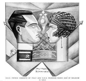 Caricatures Prints: Prince Umberto of Italy and Princess Marie Jos頯f Belgium