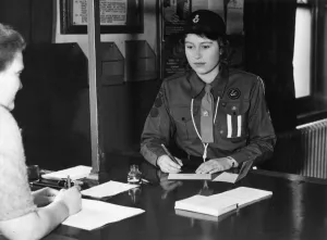 Prints of The future Queen Elizabeth II photographed registering at a Labour Exchange under the youth registration scheme Date: c.1938 December Prints: Princess Elizabeth at the Bath Club