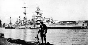 Prints of Photograph showing the German cruiser Prinz Eugen under Danish guard, in Copenhagen harbour, after she had surrendered to the Royal Navy on 9th May 1945 October Prints: Prinz Eugen in Copenhagen Harbour; Second World War, 1945
