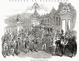 Opening Prints: Procession of guards, footmen and carriage carrying Queen Victoria to the State Opening of Parliament