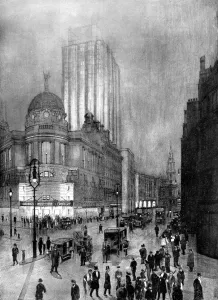 Prints of Illustration showing A. Randall Wells proposed design for Dominion House, Strand, London, 1913 November Prints: Proposed Design for Dominion House, London, 1913