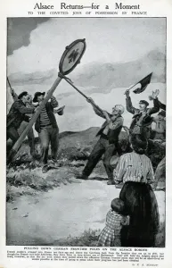 Moment Prints: Pulling down German frontier pole at Alsace, WW1