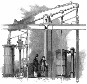 Prints of Engraving showing one of the pumping engines used to draw water, from deep underneath Trafalgar Square, to supply the fountains and nearby Government offices, 1845 November Prints: The Pumping Engine for Trafalgar Square Fountains, London, 1