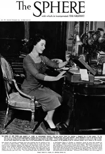 Opens Prints: Queen Elizabeth II at her desk, 1959