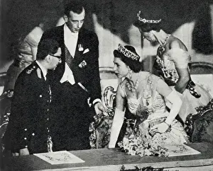 Elizabeth Prints: Queen Elizabeth II takes her seat in the royal box of the Royal Opera House alongside King Mahendra of Nepal for a Gala