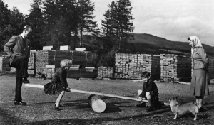 Corgi Prints: Queen Elizabeth IIs children on a see-saw, 1957